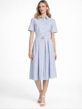 Tory Burch Striped Shirt Dress with Belt - Light Blue & White Size 8 NWT